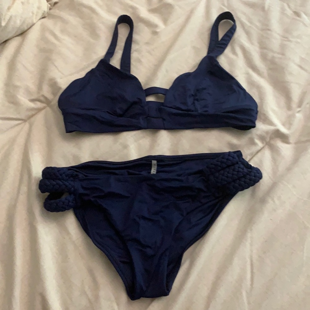 Vitamin A navy blue bikini. Both pieces are L.